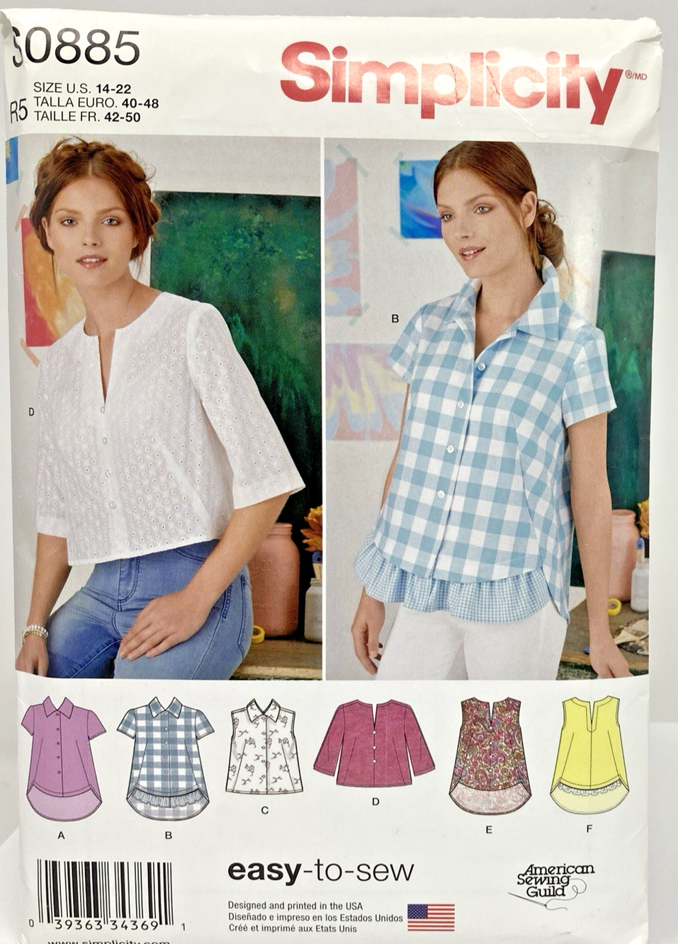 Simplicity S0885 Easy-to-Sew 5 Patterns Misses Button Pullover Sz 14-22 UNCUT
